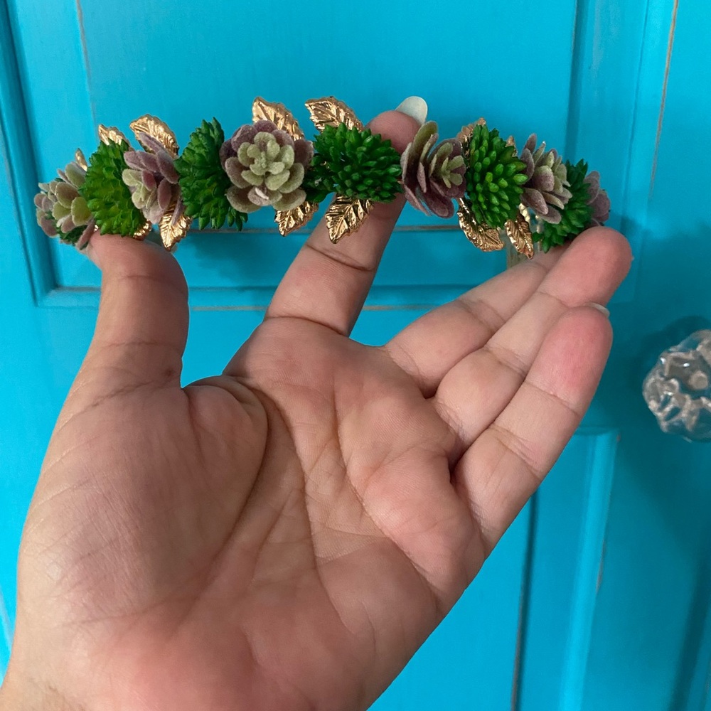 Crown Headband Faux Succulent Woodland Floral Handmade Wedding Prom Tiara Gold